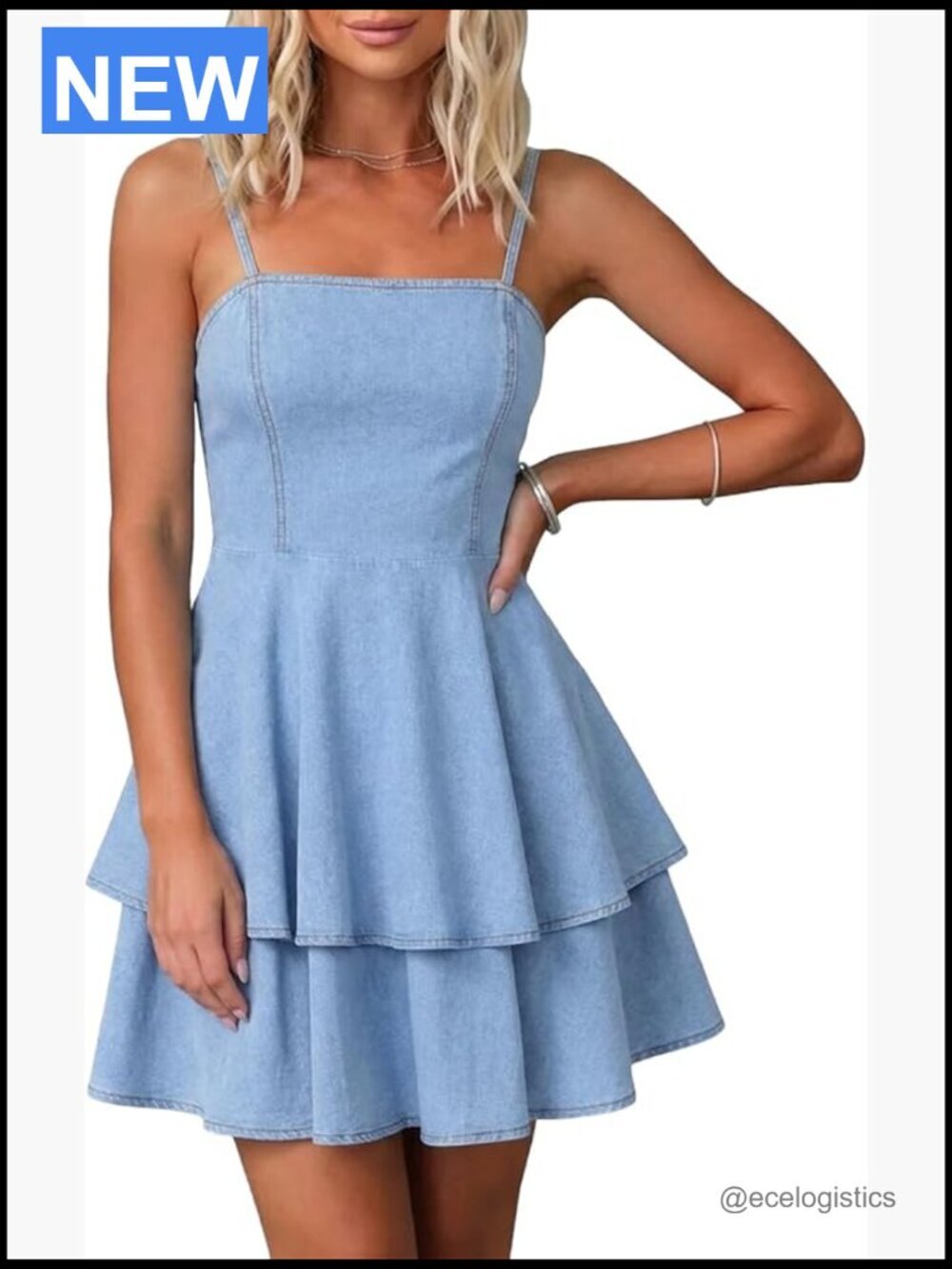 Ruffle Spaghetti Strap Mini Denim Dress Backless Sleeveless Tiered